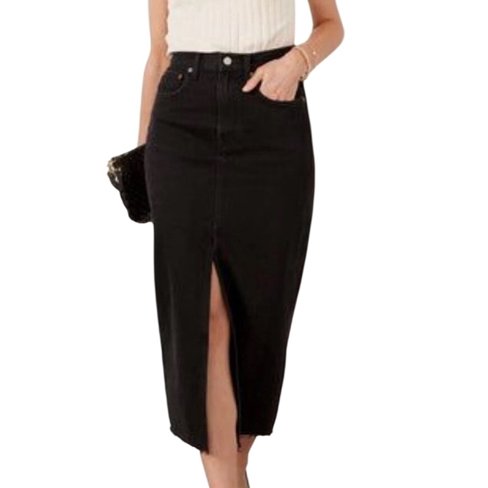 Pistola Alice High Rise Midi Denim Skirt Black Women's‎ Size 29 Raw Hem Slit